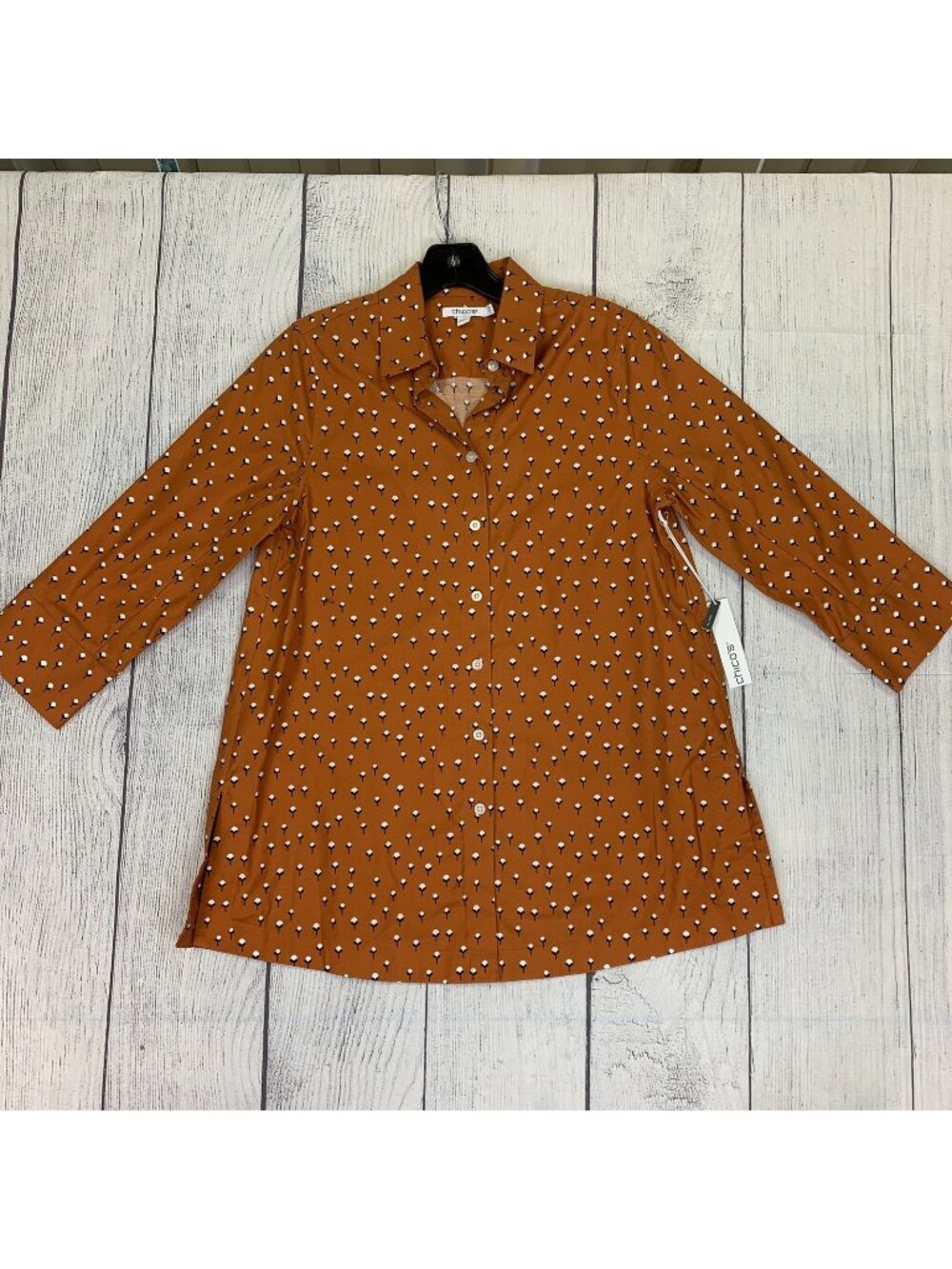 Chico's sz 00 or XS 2 Orange No Iron Medellin Tunic 3/4 Sleeve Floral Stretch